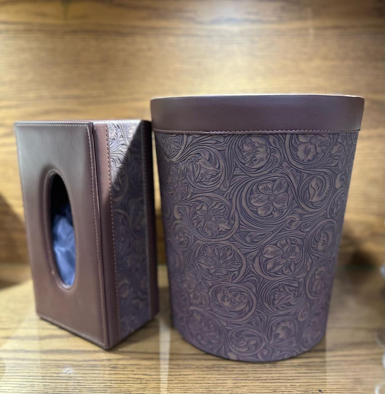 Elegant Faux Leather Tissue & Dustbin Set