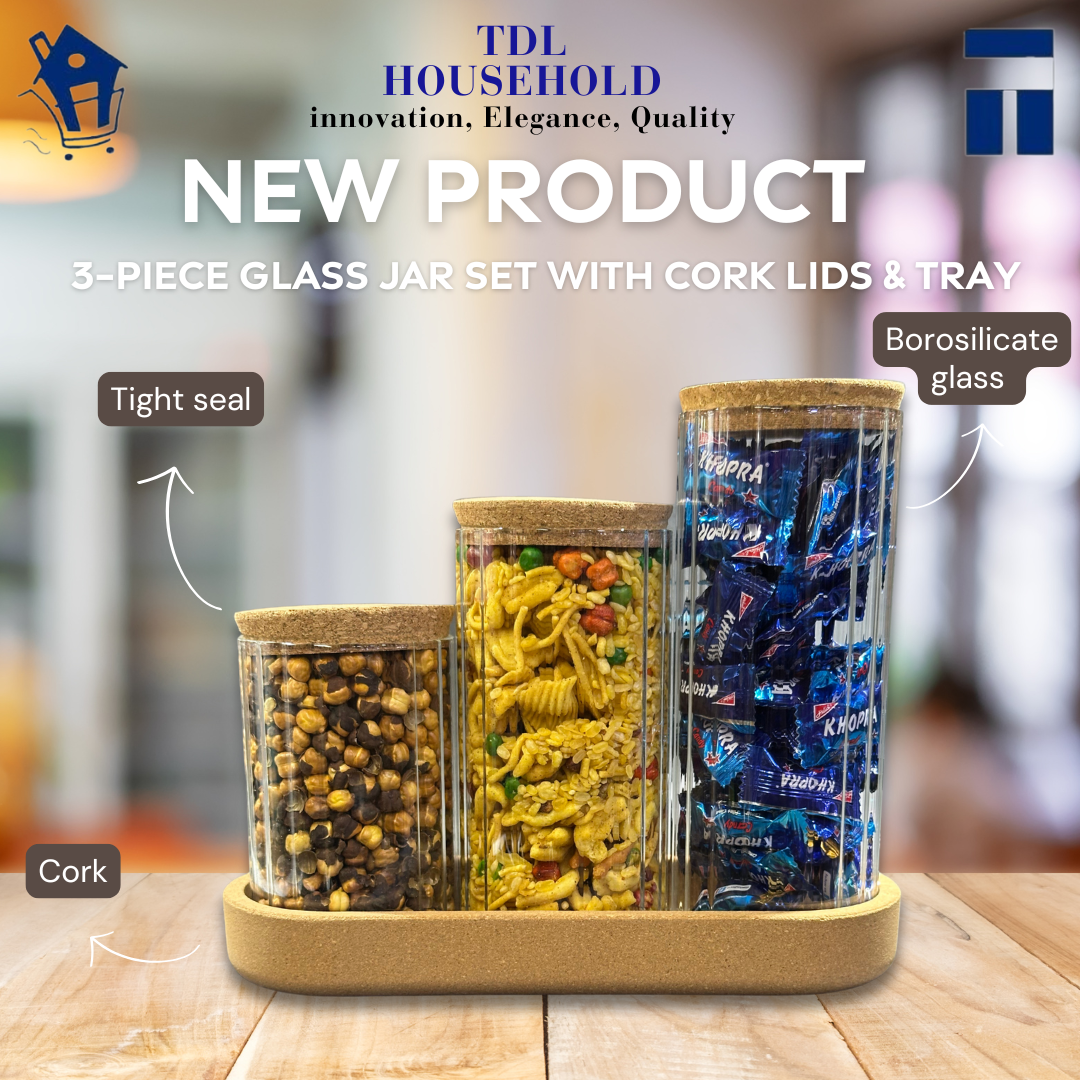 3-Piece Glass Jar Set with Cork Lids & Tray