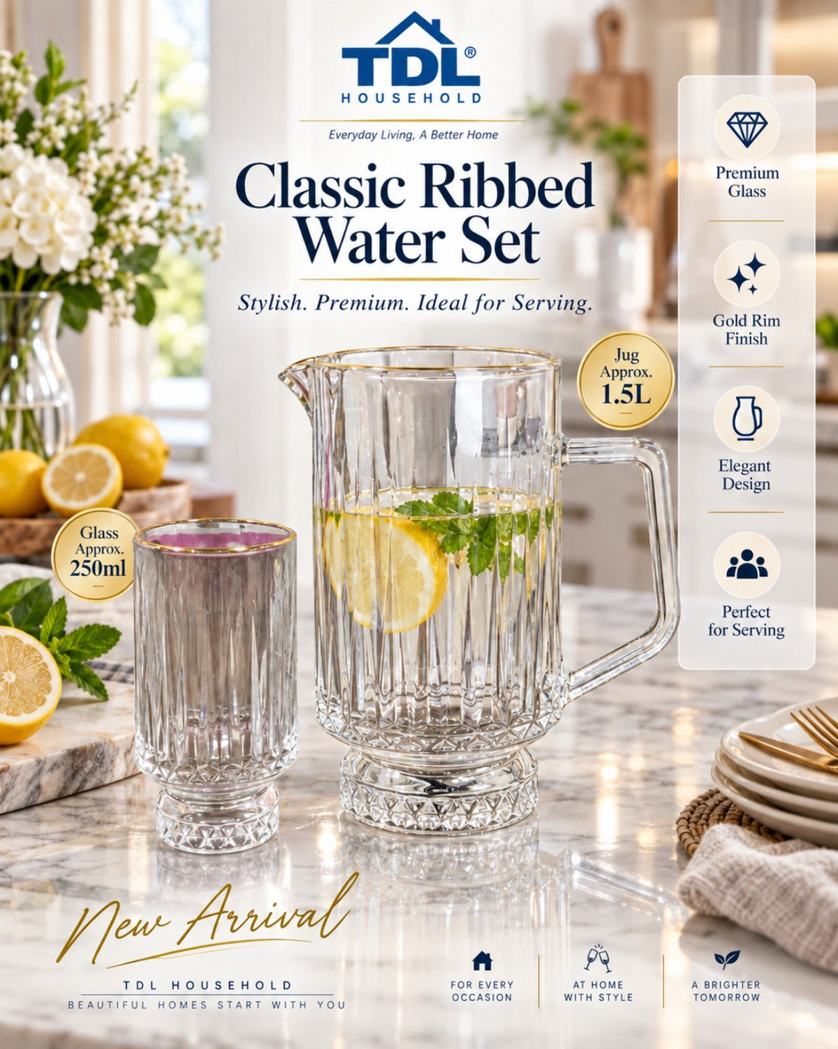 TDL Household Classic Ribbed Water Set