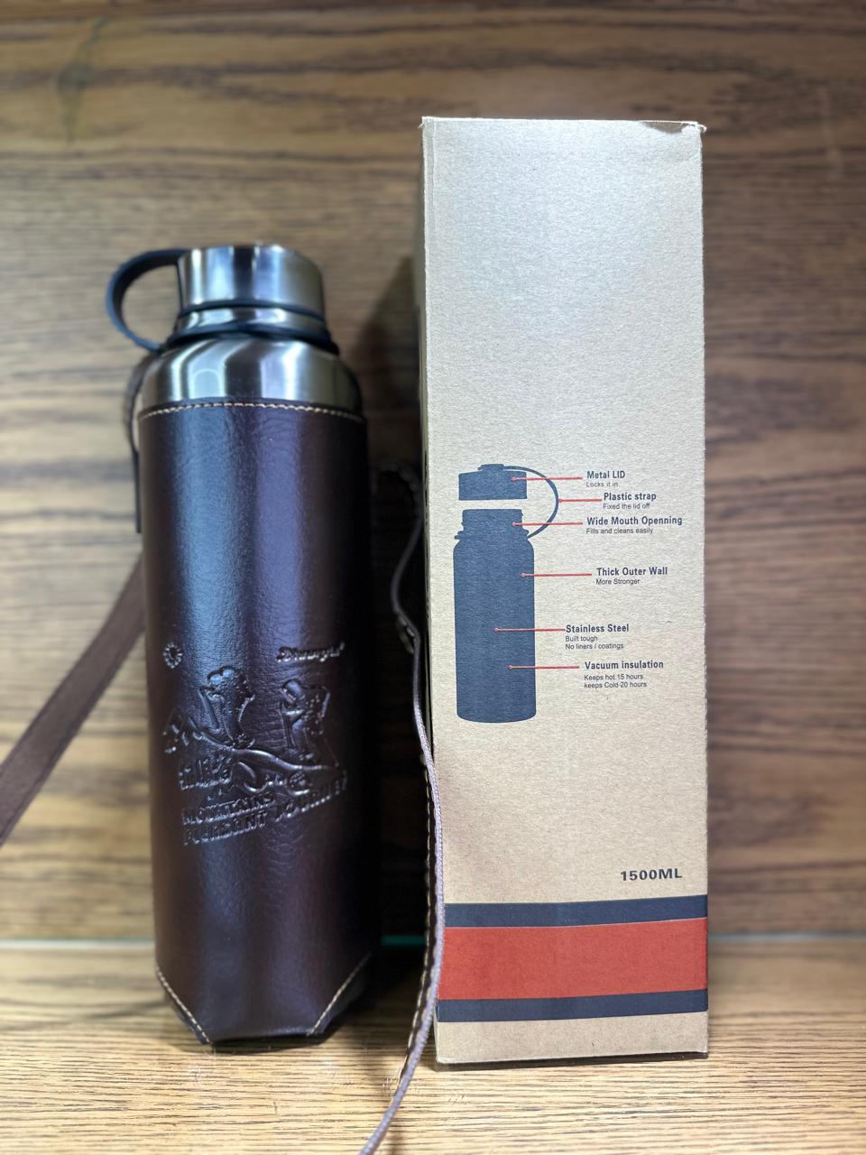 Premium Quality 1500ml Stainless Steel Insulated Water Bottle with Hot & Cold Capabilities, Leather Cover, and Travel Pouch for Outdoor Adventures and Travels