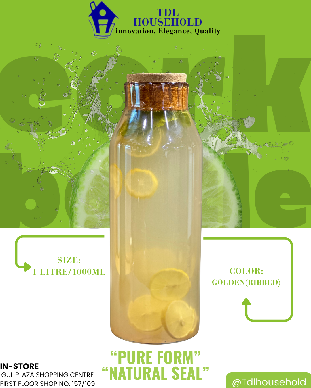 Ribbed Glass Cork Bottle - 1000ml - TDL HOUSEHOLD