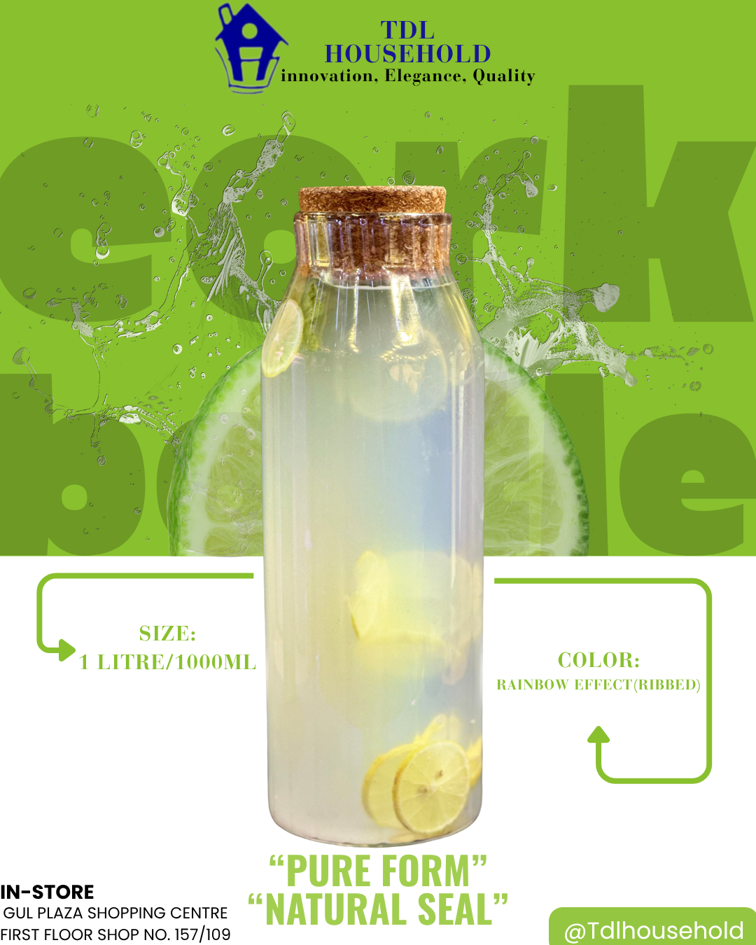 Ribbed Glass Cork Bottle - 1000ml - TDL HOUSEHOLD