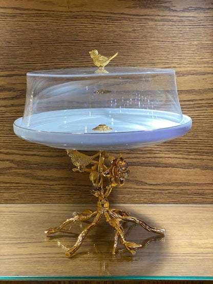 CERAMIC GOLD CAKE DISH  WITH ACRYLIC TOP
