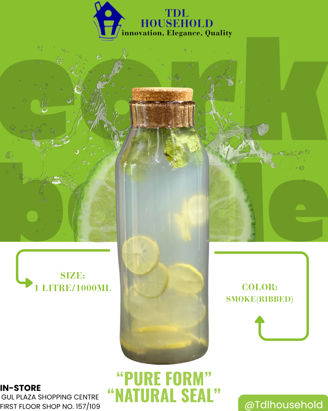 Ribbed Glass Cork Bottle - 1000ml - TDL HOUSEHOLD