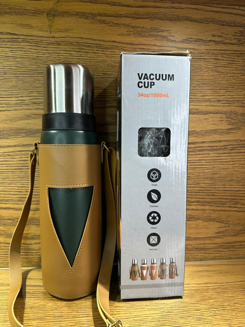 Large Capacity 1000ml SUS304 Stainless Steel Water Bottle Insulated Thermos Hot & Cold Vacuum Flask with Leather Cover - TDL HOUSEHOLD