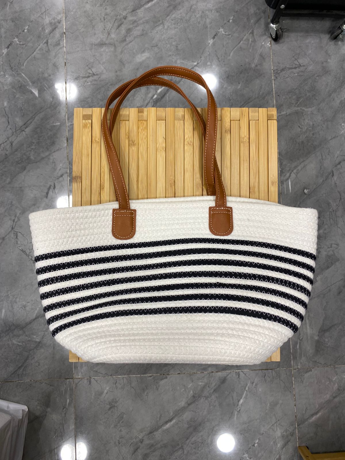 Coastal Stripe Rope Tote Bag with Leather Handles - TDL HOUSEHOLD
