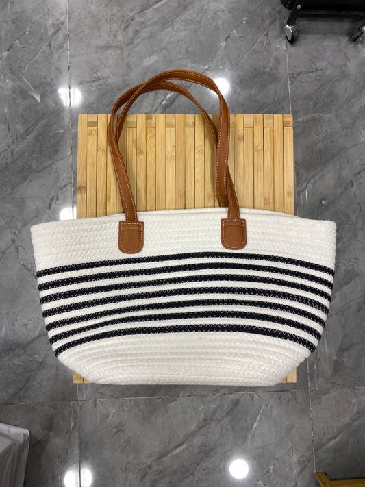 Coastal Stripe Rope Tote Bag with Leather Handles - TDL HOUSEHOLD