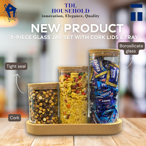 3-Piece Glass Jar Set with Cork Lids & Tray