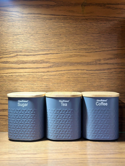 Tea Coffee Sugar Canisters, 1000ML 3 Piece of Metal Canister Storage Jar Container Set With Airtight Bamboo Lid