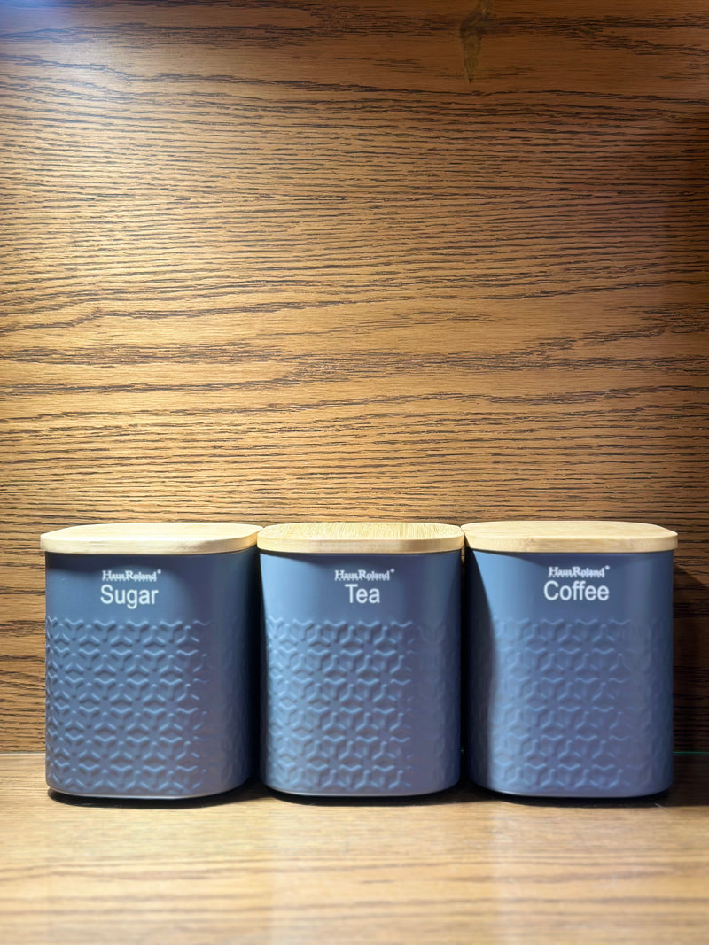 Tea Coffee Sugar Canisters, 1000ML 3 Piece of Metal Canister Storage Jar Container Set With Airtight Bamboo Lid
