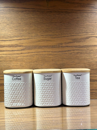 Tea Coffee Sugar Canisters, 1000ML 3 Piece of Metal Canister Storage Jar Container Set With Airtight Bamboo Lid