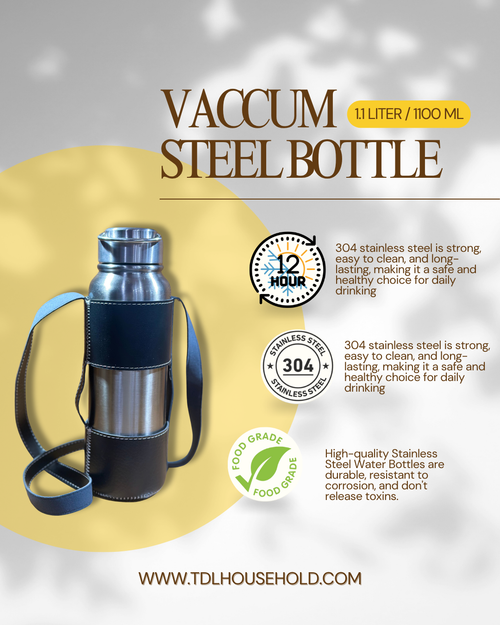 1100ml Heavy-Duty Stainless Steel Vacuum Bottle with Black Leather Pouch & Strap