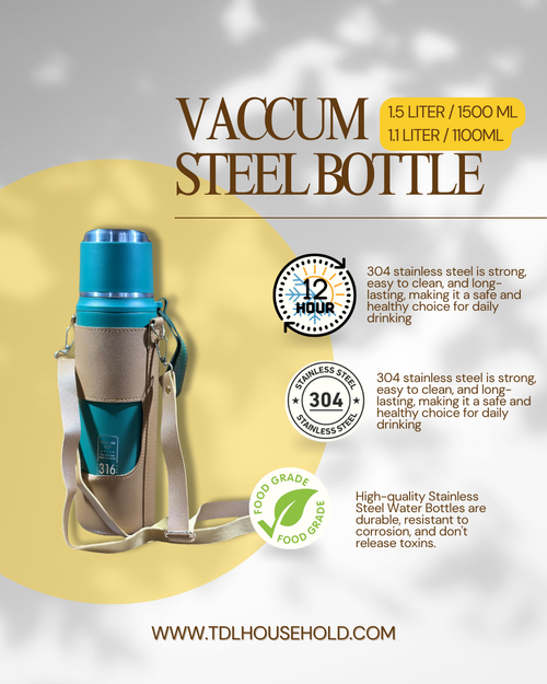 800ml & 1000ml Premium Stainless Steel Vacuum Bottle with Leather Pouch – Matte Finish