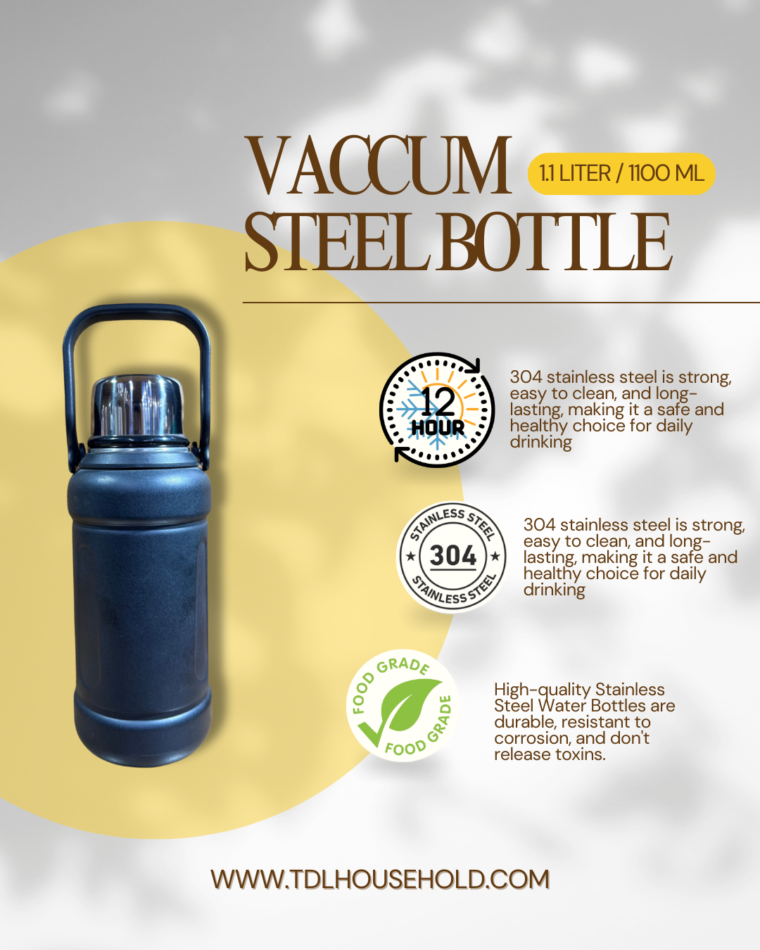 1100ml Heavy-Duty Vacuum Insulated Stainless Steel Bottle