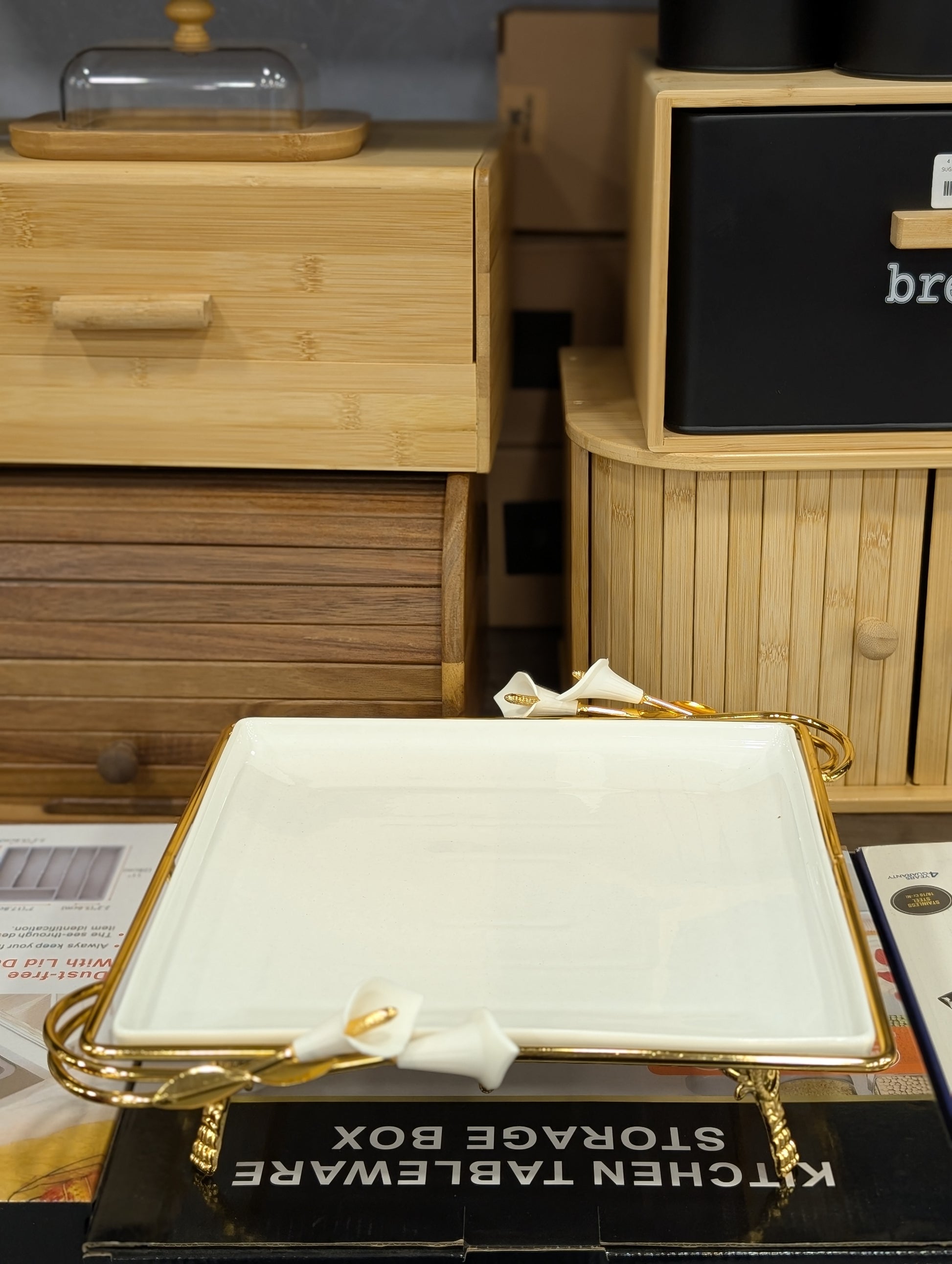 Luxury Ceramic Serving Tray Set with Gold Stand & Floral Handles(3 shapes) - TDL HOUSEHOLD