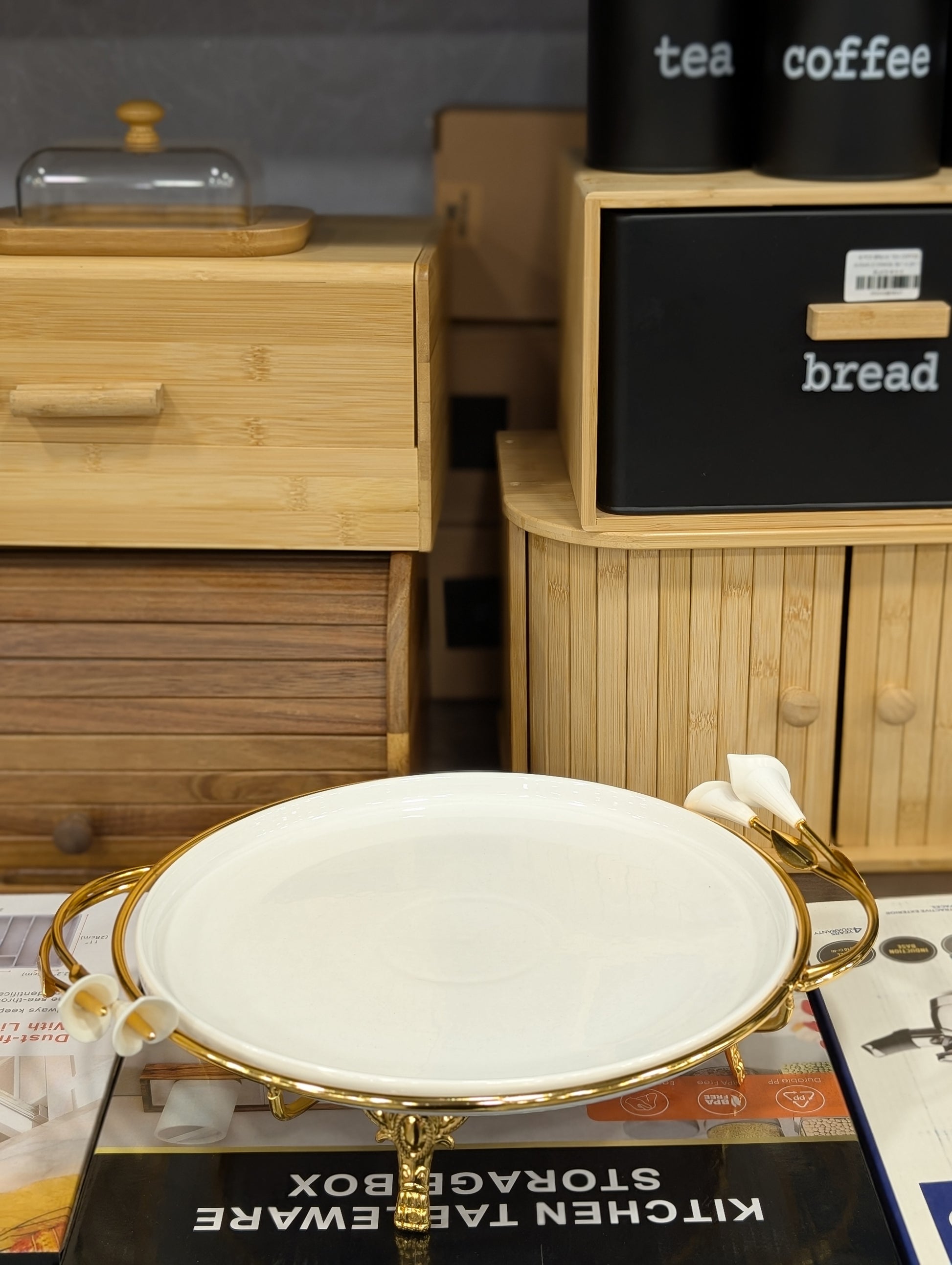 Luxury Ceramic Serving Tray Set with Gold Stand & Floral Handles(3 shapes) - TDL HOUSEHOLD