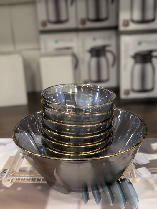 Luxury Smoke Glass Bowl Set with Gold Rim – 7-Piece Serving & Dining Set - TDL HOUSEHOLD