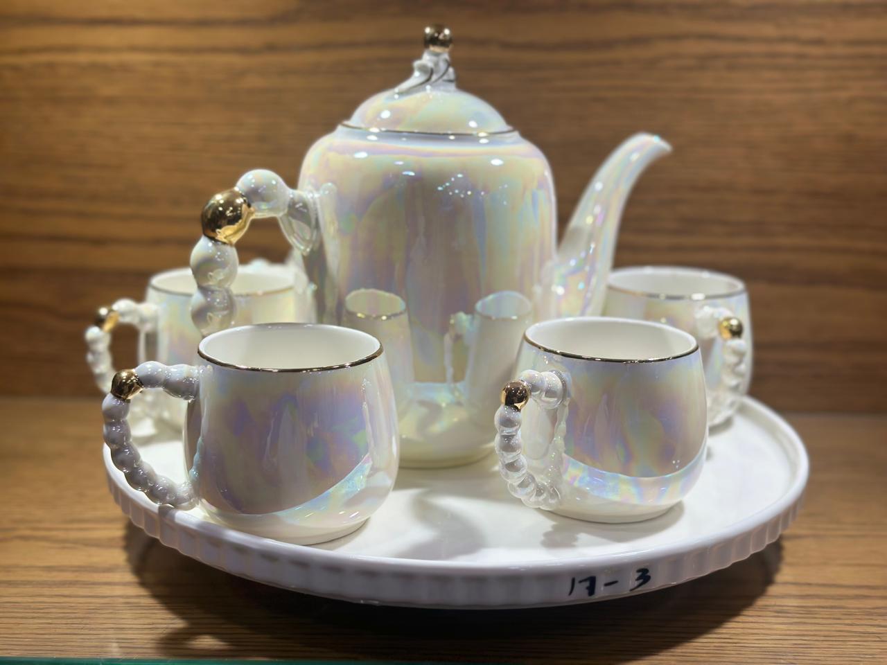 TEA SET Ceramic Cups and Kettle Set of 6 With Revolving Tray