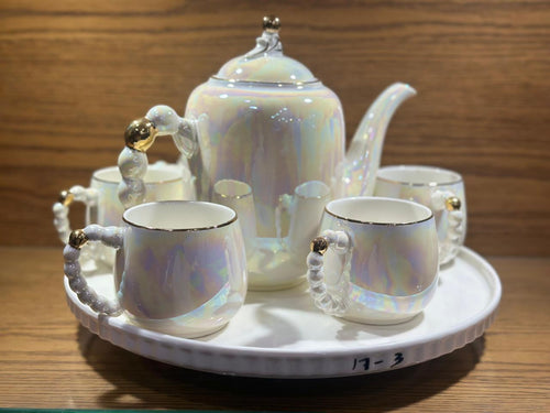 TEA SET Ceramic Cups and Kettle Set of 6 With Revolving Tray - TDL HOUSEHOLD