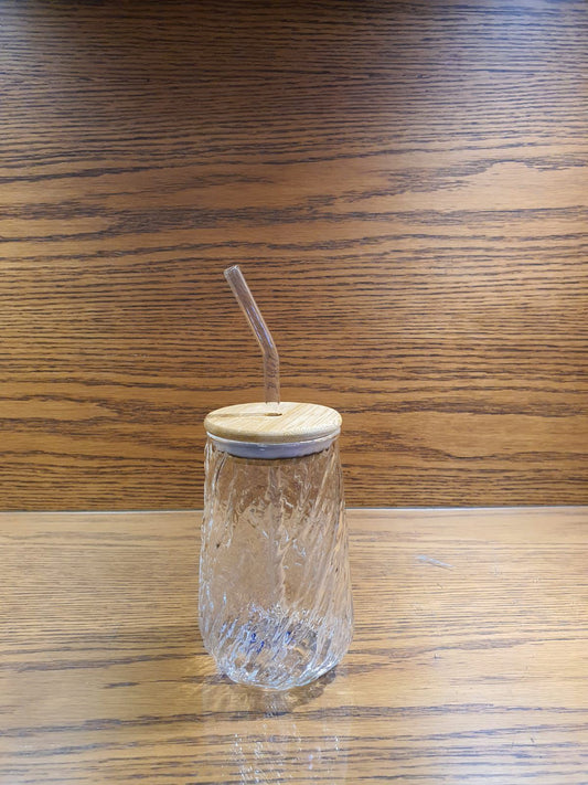 Textured Iced Coffee Glass with Wooden Lid & Straw
