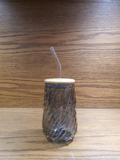 Textured Iced Coffee Glass with Wooden Lid & Straw