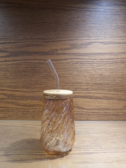 Textured Iced Coffee Glass with Wooden Lid & Straw