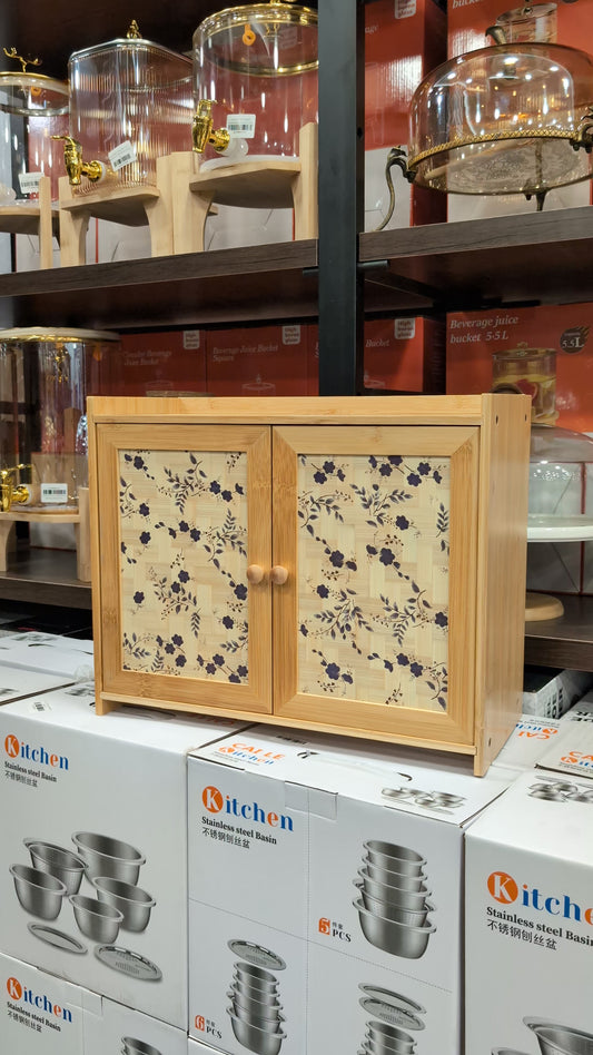 Premium Bamboo Kitchen Wall Cabinet with Floral Sliding Door