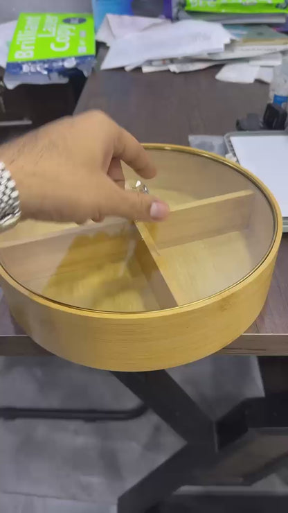 4 Compartment Divided Dry fruits Snacks Tray with Gold-Rimmed Glass Lid