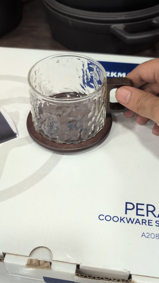 Textured Glass Cup with Wooden Handle & Saucer