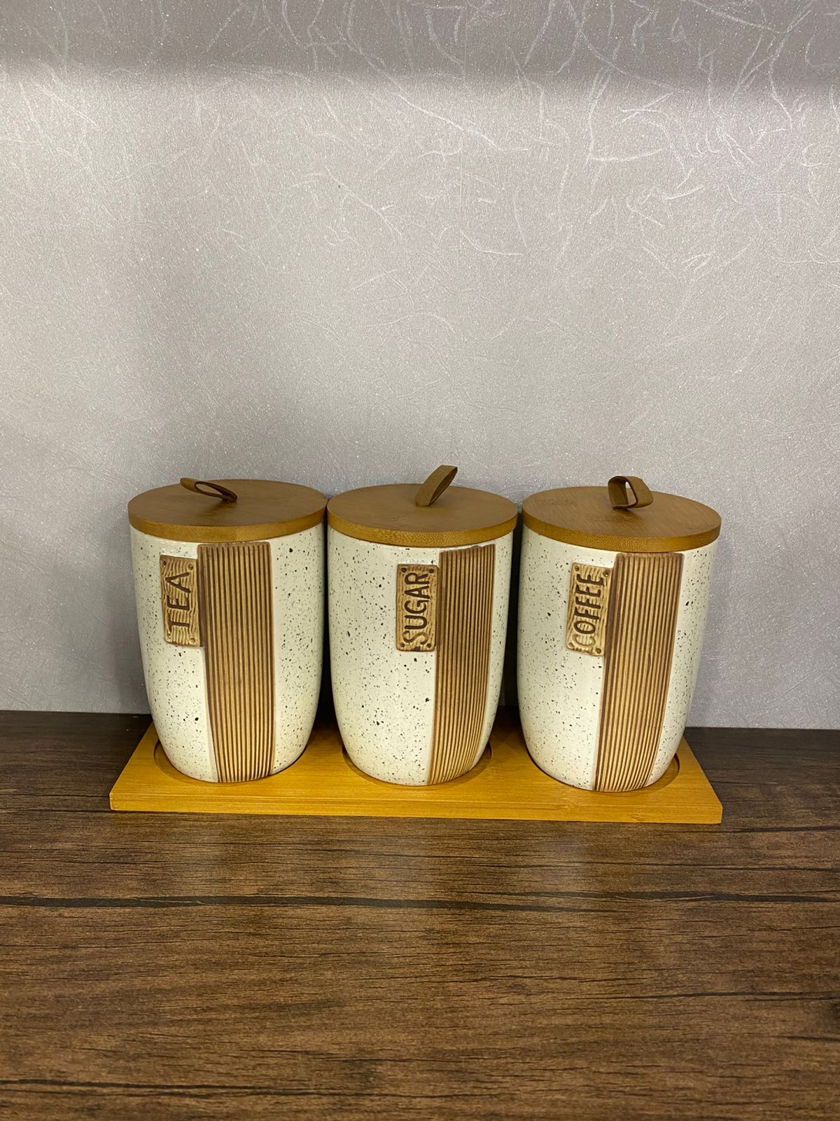 Modern Ceramic Kitchen Canister Set with Wooden Lids & Tray (Tea, Sugar, Coffee) - TDL HOUSEHOLD