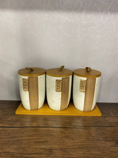 Modern Ceramic Kitchen Canister Set with Wooden Lids & Tray (Tea, Sugar, Coffee) - TDL HOUSEHOLD