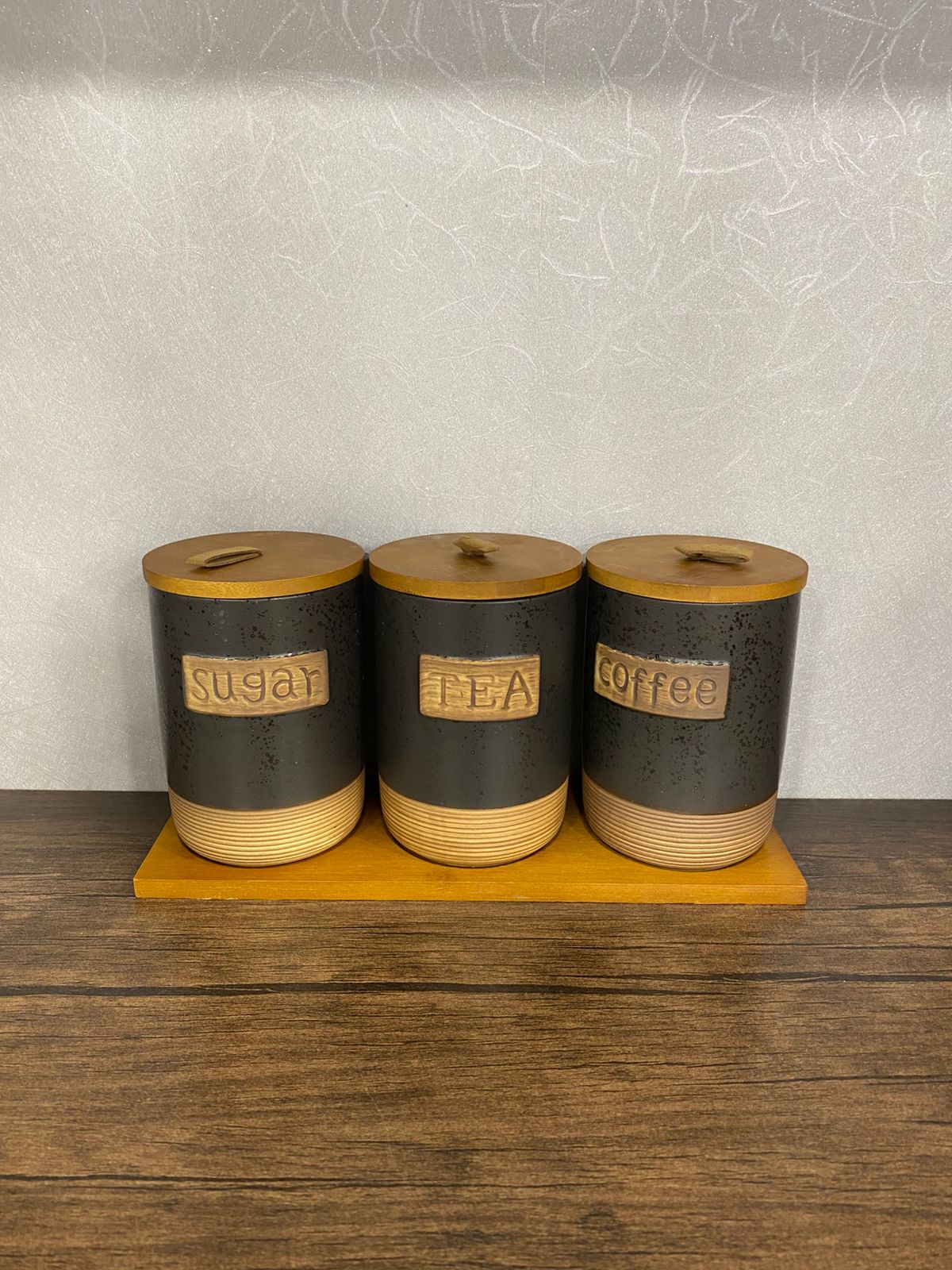 Modern Ceramic Kitchen Canister Set with Wooden Lids & Tray (Tea, Sugar, Coffee) - TDL HOUSEHOLD