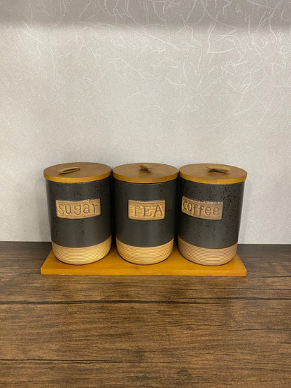 Modern Ceramic Kitchen Canister Set with Wooden Lids & Tray (Tea, Sugar, Coffee) - TDL HOUSEHOLD