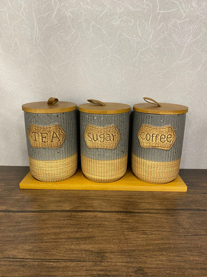 Modern Ceramic Kitchen Canister Set with Wooden Lids & Tray (Tea, Sugar, Coffee) - TDL HOUSEHOLD
