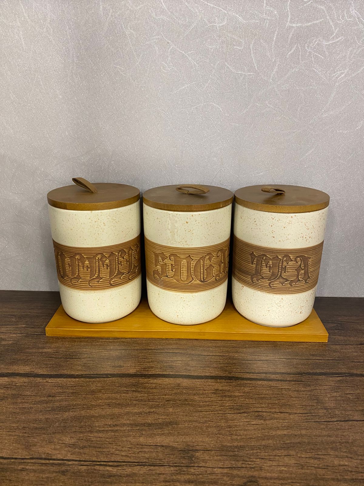 Modern Ceramic Kitchen Canister Set with Wooden Lids & Tray (Tea, Sugar, Coffee) - TDL HOUSEHOLD