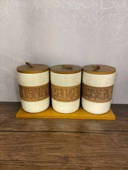 Modern Ceramic Kitchen Canister Set with Wooden Lids & Tray (Tea, Sugar, Coffee) - TDL HOUSEHOLD