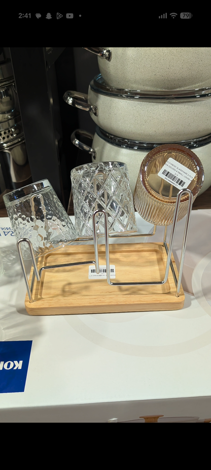 Elegant Glass Cup Drying Stand with Wooden Base - TDL HOUSEHOLD