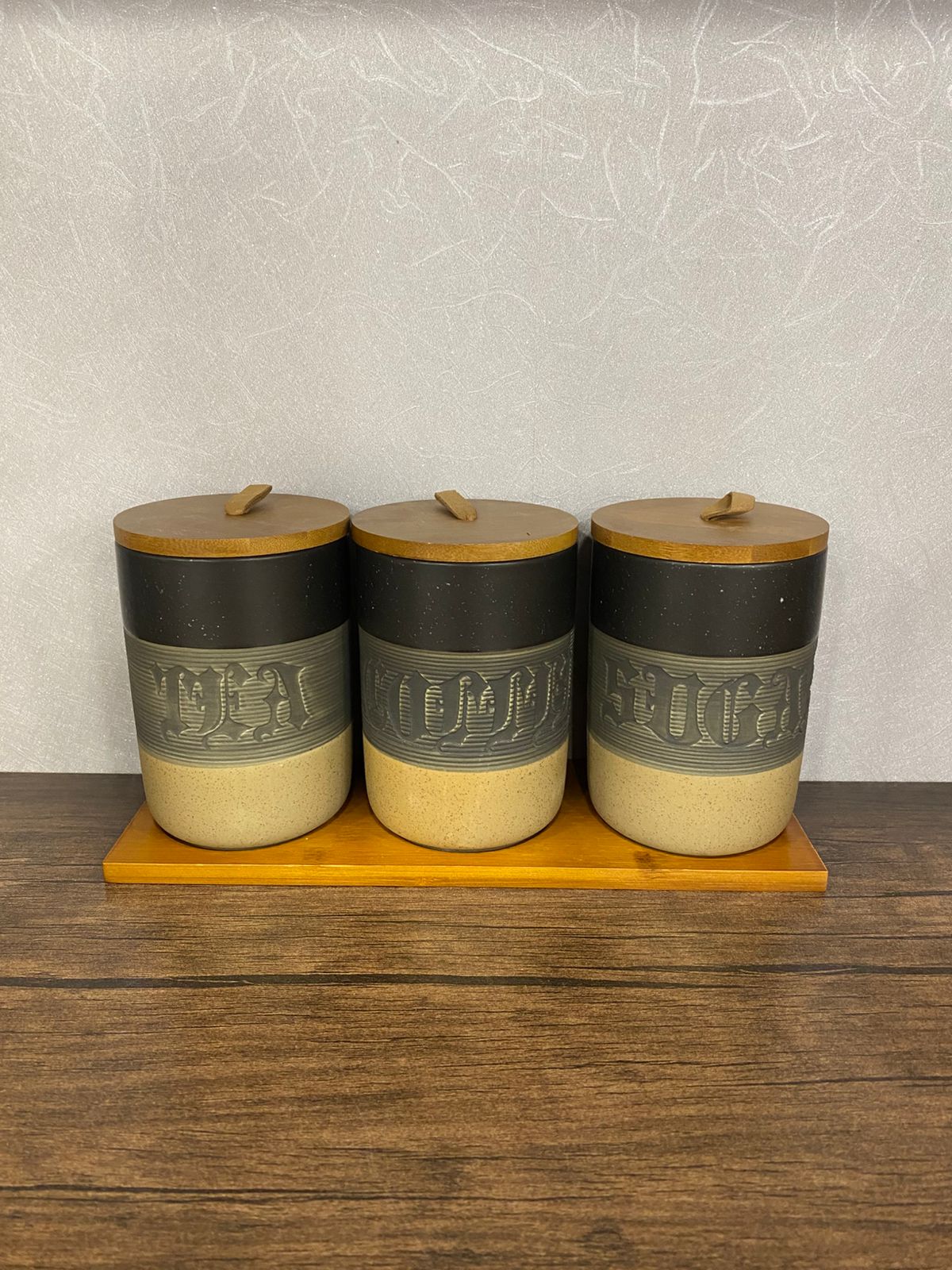 Modern Ceramic Kitchen Canister Set with Wooden Lids & Tray (Tea, Sugar, Coffee) - TDL HOUSEHOLD