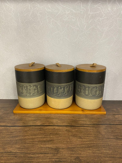 Modern Ceramic Kitchen Canister Set with Wooden Lids & Tray (Tea, Sugar, Coffee) - TDL HOUSEHOLD