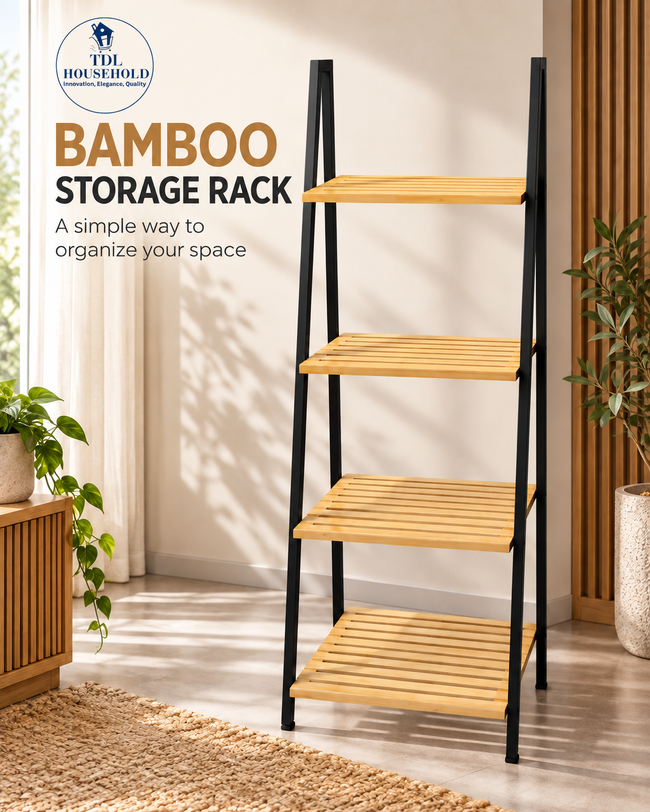 Bamboo Storage Rack with Black Metal Frame